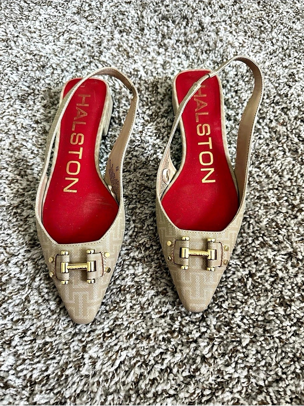 Halston Women’s Slingback Pointed-Toe Flats Beige Gold Hardware Size 9M